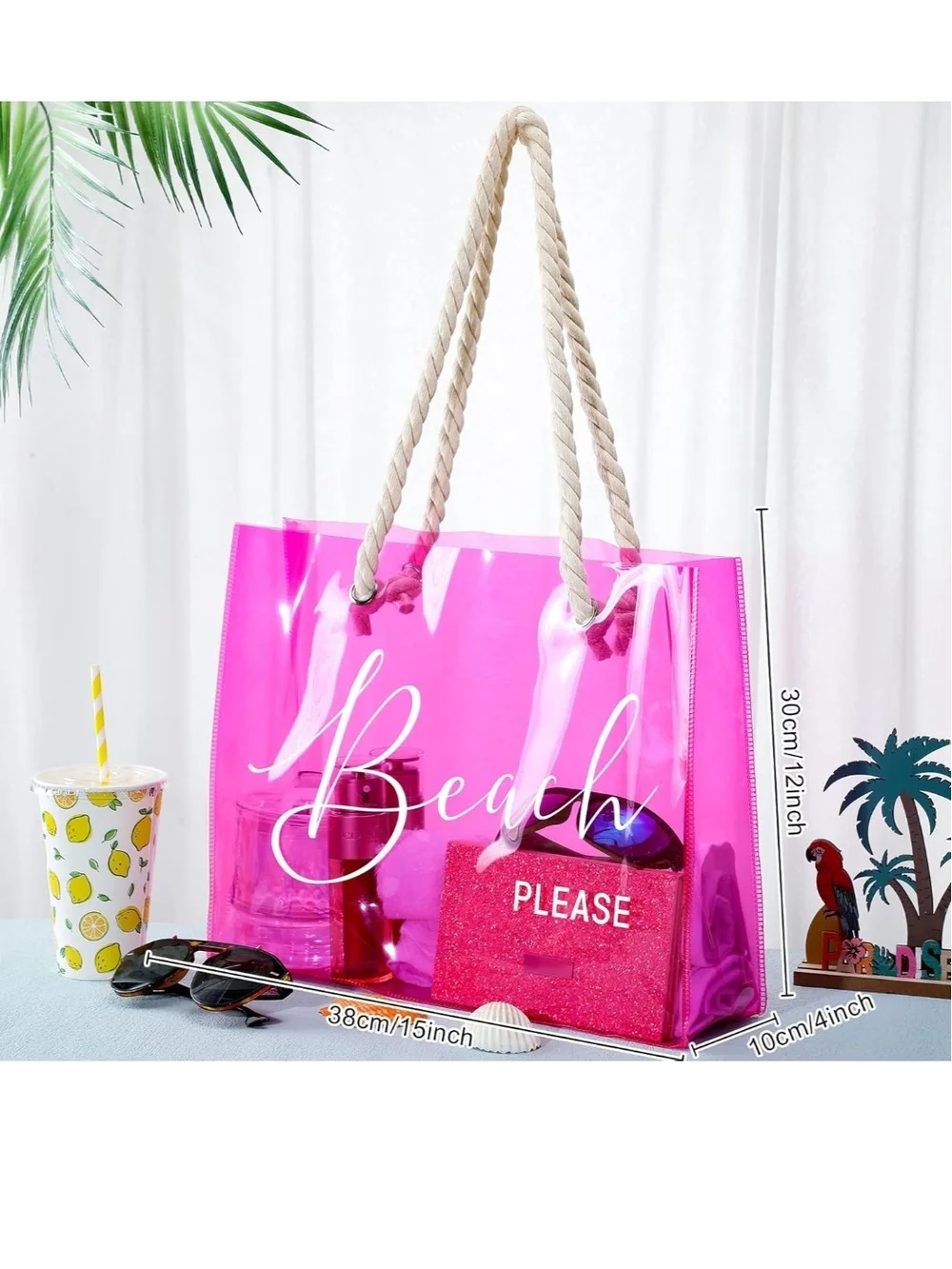 Pink Clear Beach Tote with Rope Handles